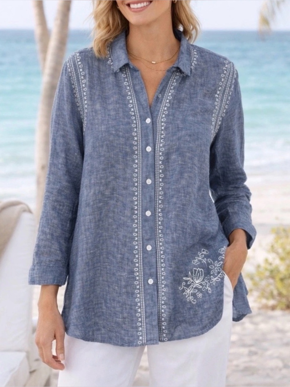 John Mark blue linen button-down shirt featuring delicate white floral embroider